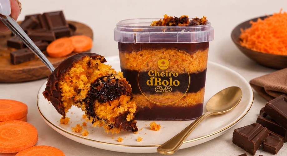 Bolo de pote de cenoura com camadas de chocolate da Cheiro d'Bolo, com uma colherada ao lado